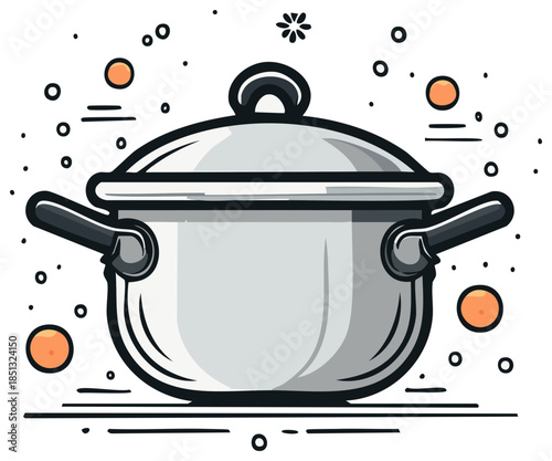 Vector illustration of a large metal cooking pot with a lid and bubbles