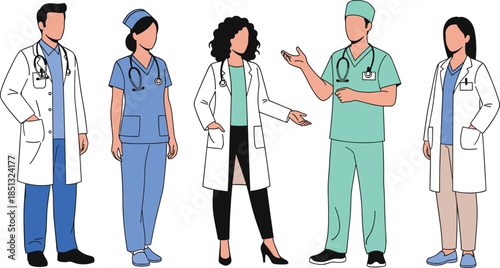 Collection of Diverse Medical Professionals Including Doctors in White Lab Coats and Nurses in Scrubs with Stethoscopes cad drawing flat vector illustration