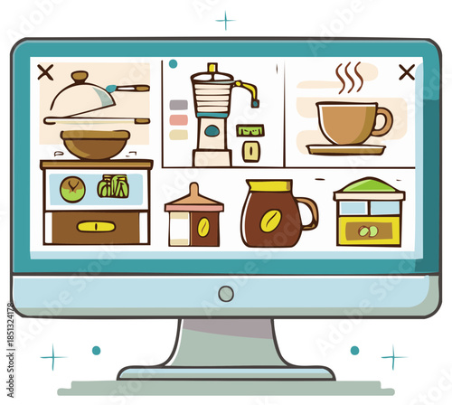 Computer screen displaying various kitchen appliances and food items in a clean digital interface