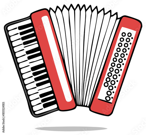 Cartoon accordion illustration with keys and buttons, musical instrument graphic with bellows, musical art