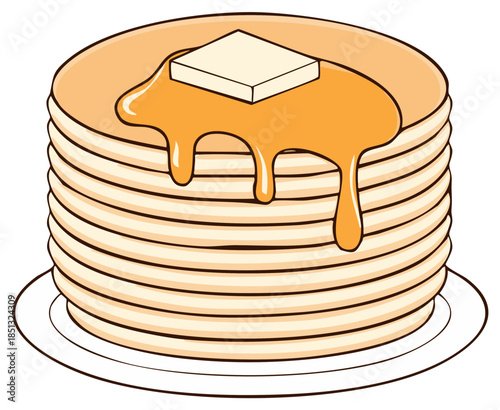 Stack of fluffy pancakes with butter and syrup, breakfast illustration.