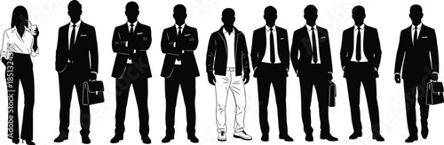 Collection of Professional Business People Silhouettes and Standing Corporate Figures Wearing Formal Suits for Office Career CAD Drawing Flat Vector Illustration