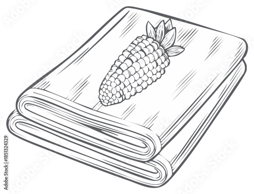 Monochrome illustration depicting fresh maize cob resting on stack of traditional flatbreads