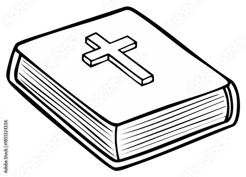 Outline illustration of holy book with cross symbol, Christian faith, gospel,  religious spirituality and traditions