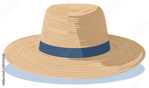 Classic straw sun hat with blue ribbon illustration for summer fashion and sun protection