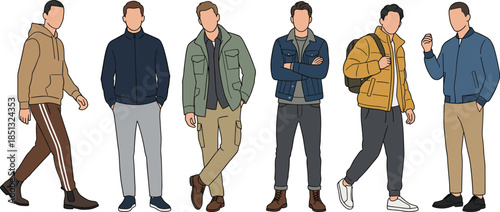 Collection of Professional Men Wearing Modern Casual Outerwear Including Hoodies Bomber Jackets and Puffer Coats Fashion CAD Drawing Flat Vector Illustration