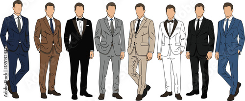 Collection of Professional Men Wearing Formal Business Suits and Elegant Tuxedos in Various Colors for Corporate Style Fashion CAD Drawing Flat Vector Illustration