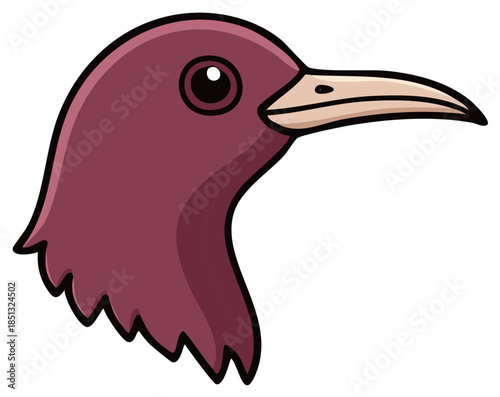 Stylized illustration of a purple bird's head with a long beak and dark outline