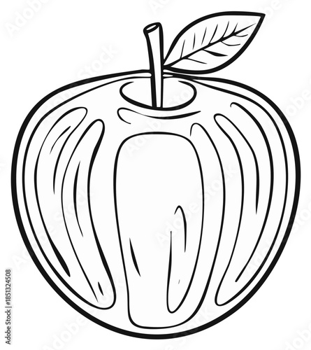 Stylized Outline Drawing of a Ripe Apple with Leaf and Stem