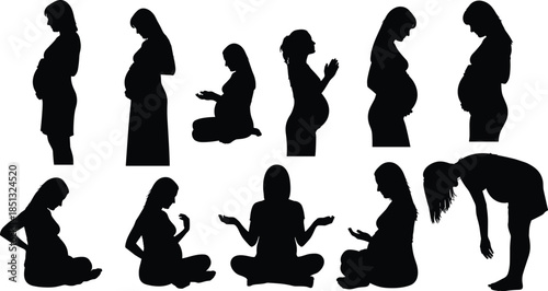Diverse Collection of Pregnant Women Silhouettes in Various Poses Including Standing Sitting and Yoga cad drawing flat vector illustration