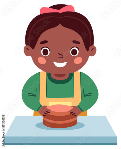Cute smiling Black girl character in an apron preparing a sweet homemade cake