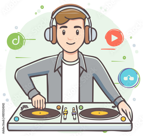 Male DJ with Headphones Playing Music on Turntables and Mixer Surrounded by Music Symbols