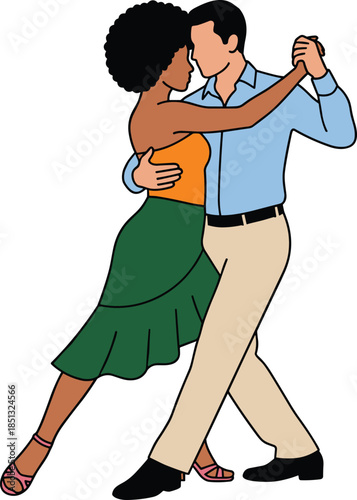 Diverse Couple Dancing Tango or Salsa Together in Elegant Summer Outfits with Passionate Pose for Fashion cad drawing flat vector illustration