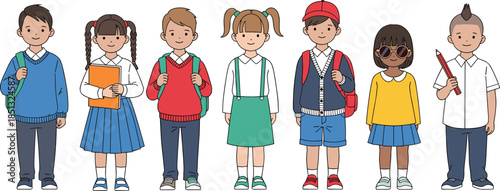 Diverse Group of Primary School Students Wearing Uniforms with Backpacks and School Supplies in Flat Vector Illustration Fashion CAD Drawing