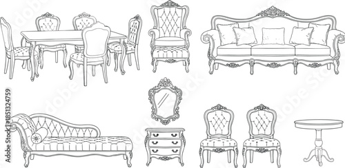 Luxury Classical Furniture Collection Featuring Baroque Style Sofa Dining Table Set Armchair and Chaise Lounge in Flat Vector Illustration Fashion CAD Drawing