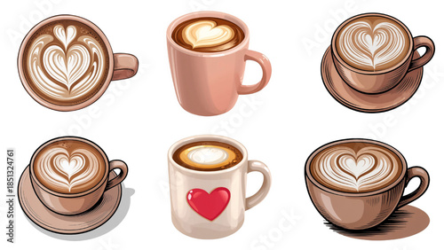 Romantic coffee cup with heart shape foam art isolated transparent background, editable vector artwork ai illustration file, love themed latte design, cafe branding decor, cozy valentine drink concept