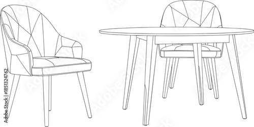 Minimalist Dining Room Furniture Set with Round Wooden Table and Upholstered Chairs for Home Interior Design cad drawing flat vector illustration