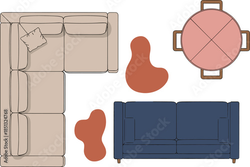 Modern Interior Floor Plan View with Sectional Sofa Blue Couch and Dining Table Set in Flat Vector Illustration Fashion CAD Drawing