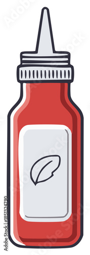 Cartoon illustration of a red bottle of sauce with a label of a leaf
