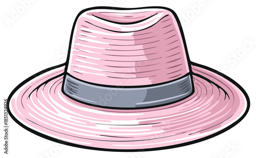 Stylish pink fedora hat with a gray band cartoon vector illustration