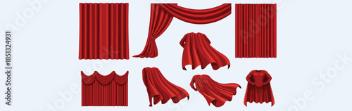 Various red curtain styles and drapes for interior design and decoration