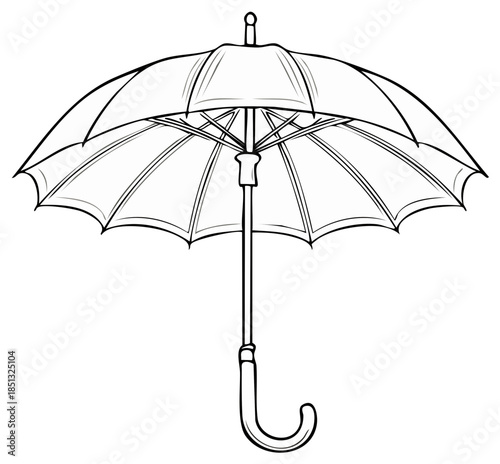 Monochrome vector drawing of a closed umbrella with classic curved handle and metal frame
