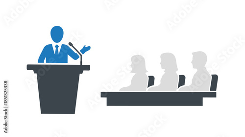 A speaker presenting to an audience depicted as a simple flat design illustration