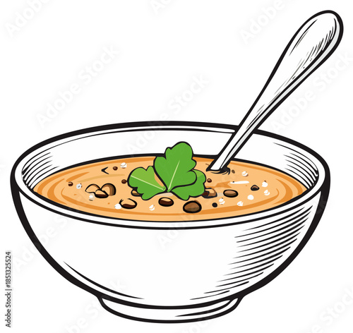 Vector illustration of a hearty bowl of lentil soup with parsley garnish and a spoon