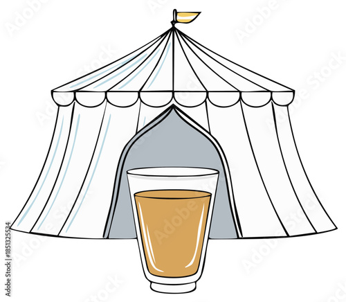Drink in glass in front of circus tent in cartoon style illustration on white background.