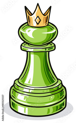 Glossy green chess pawn illustration with a golden crown symbolizing promotion and success
