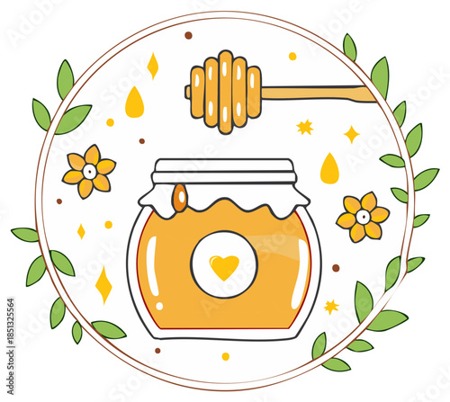 Sweet Honey Jar Vector Illustration with Flowers and Leaves Decoration in Circle Border