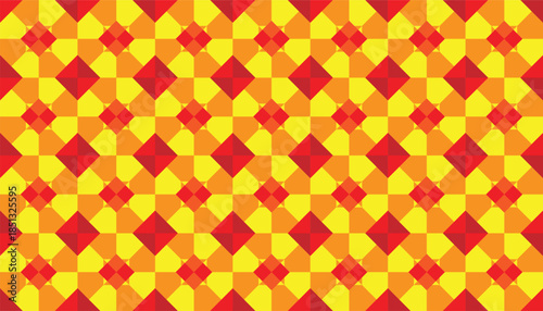 Seamless geometric pattern with repeating diamond shapes in bright yellow and red tones, creating a bold and vibrant background