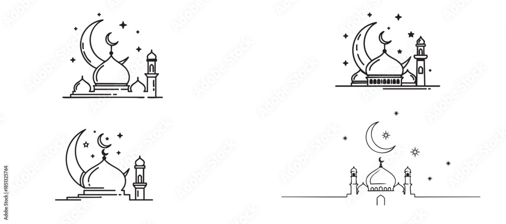Obraz premium simple muslim worship scene line art with crescent moon minimal islamic illustration set in black on white for religious and cultural designs