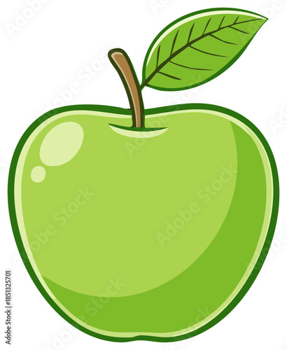 Cartoon illustration of a green apple with a leaf isolated on white background