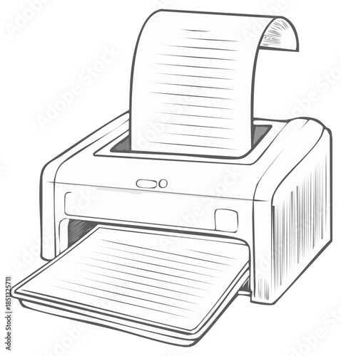 Printer illustration producing print jobs, paper coming out, print production, machine