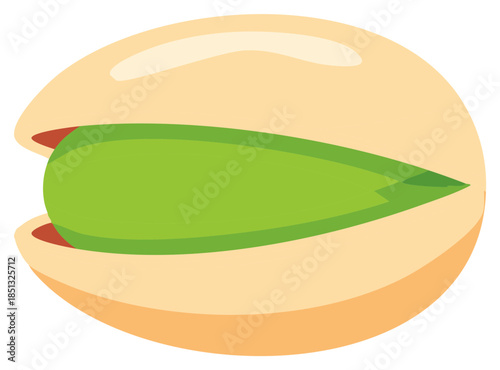 Single vibrant green pistachio nut peeking from its naturally opened beige shell vector food illustration