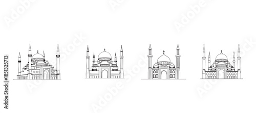 minimal mosque skyline line art set with domes and minarets elegant islamic illustration in black on white for religious design and decoration