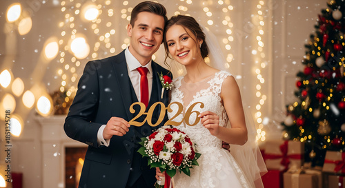 New married couples holding 2026 wishing new year background 