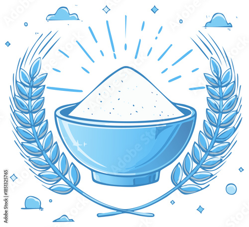 Wheat grain bowl sketch illustration, food ingredient composition, blue and white