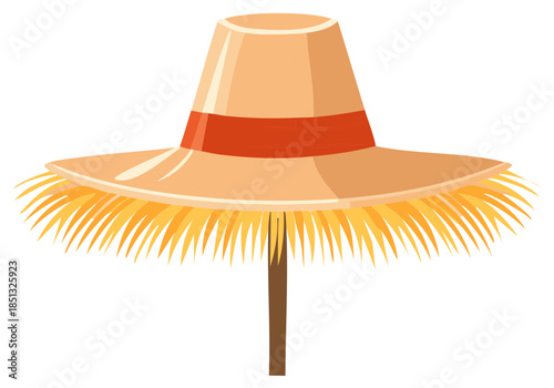 Stylized straw hat with fringe and orange band on a pole against white