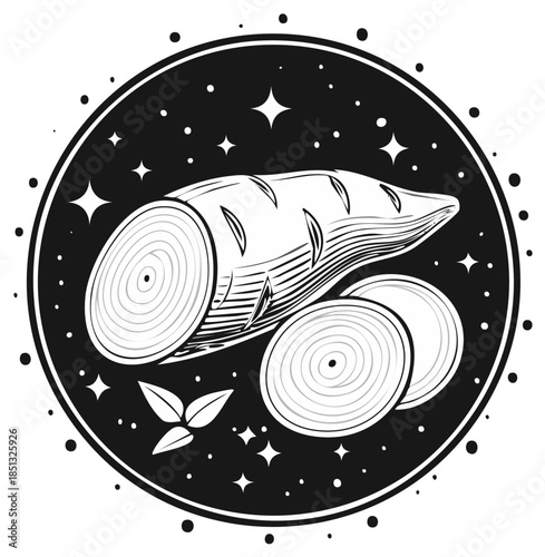 Stylized illustration of a root vegetable with slices and leaves against a starry background