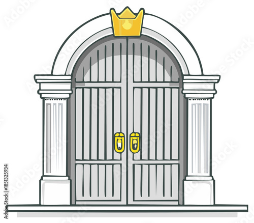 Cartoon Archway Gate With Crown, Stone Columns, Metal Bars, and Decorative Door Handles