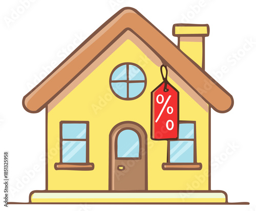 Cartoon house with percentage sign, sale concept, real estate investment