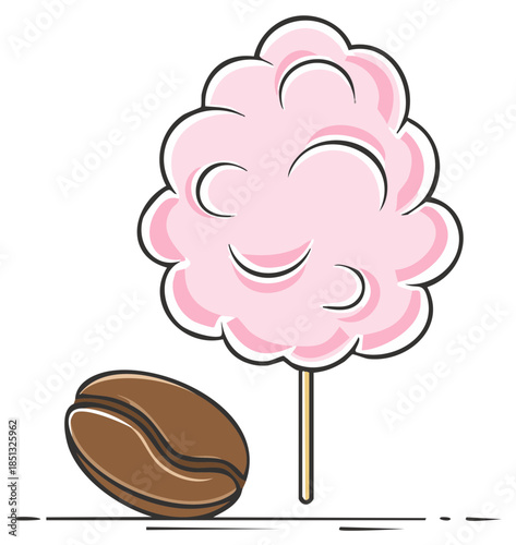 Concept image presenting brown coffee bean with pink cotton candy icon, line art