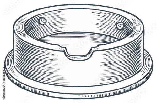 Circular Metal Ashtray Illustration with Grooves and Retro Engraved Line Art