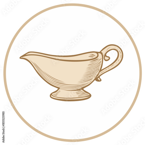 Illustration of an isolated gravy boat inside a circular frame for culinary use, food design and kitchenware concepts
