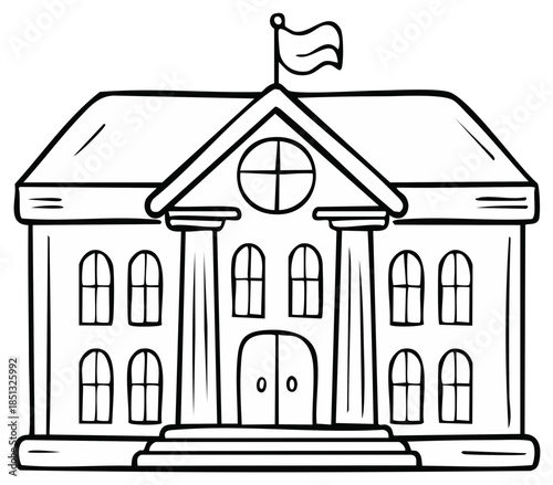 Line Art Drawing of Government Building or School with Flag, Vector Illustration