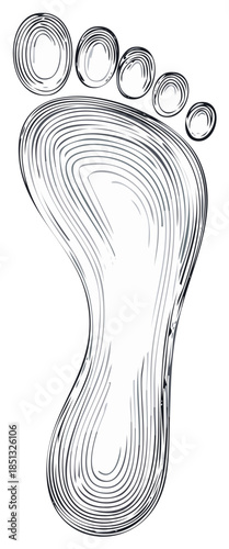 Abstract graphic footprint design with swirling lines representing sole texture and toes