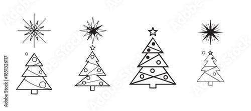 minimal christmas tree line art set with star topper simple festive illustration in black on white for holiday decoration and design