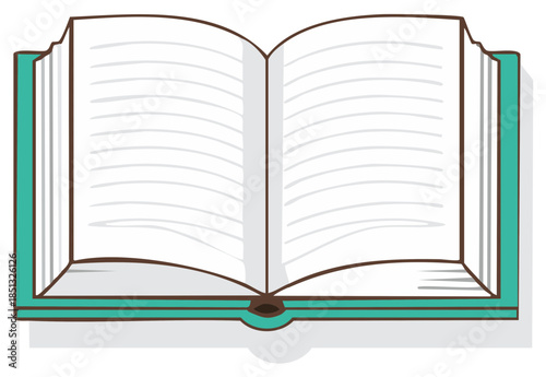 Vector illustration of an open book with empty lined pages and a turquoise cover ready for content